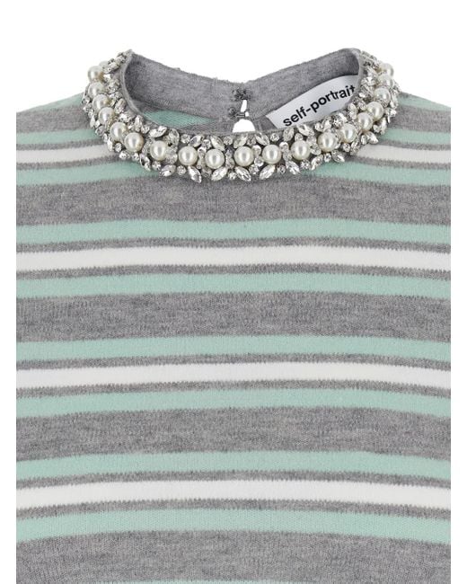Self-Portrait Gray Cropped Top Wih Crewneck With Crystal Embellishments And All-Over Striped Motif