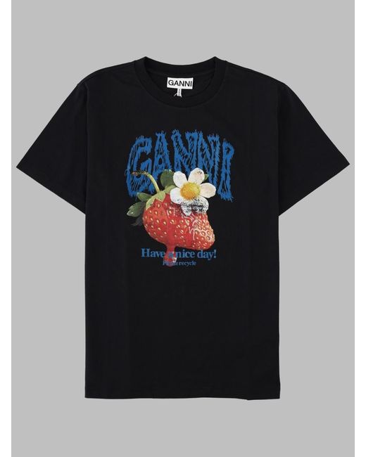 Ganni Black T-Shirt Strawberry Print Organic Cotton T-Shirts