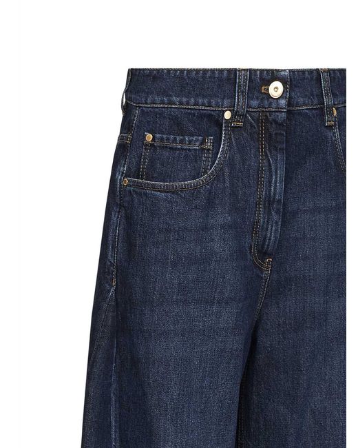 Brunello Cucinelli Blue Authentic Denim Wide Jeans With Monili