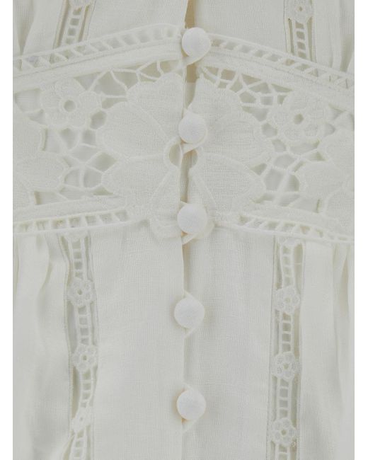 Zimmermann Gray Mini White Dress With Embroideries And Puff Sleeves In Linen Woman