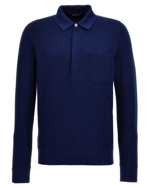 Zegna Blue Polo Jersey Sweater, Cardigans for men