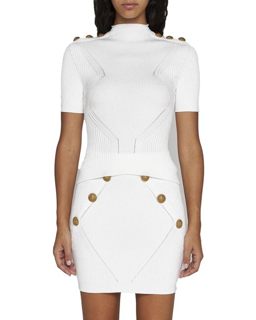 Balmain White Gold Embossed Buttons Knitted Top
