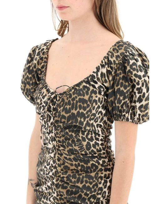 Ganni Black Leopard Poplin Mini Dress