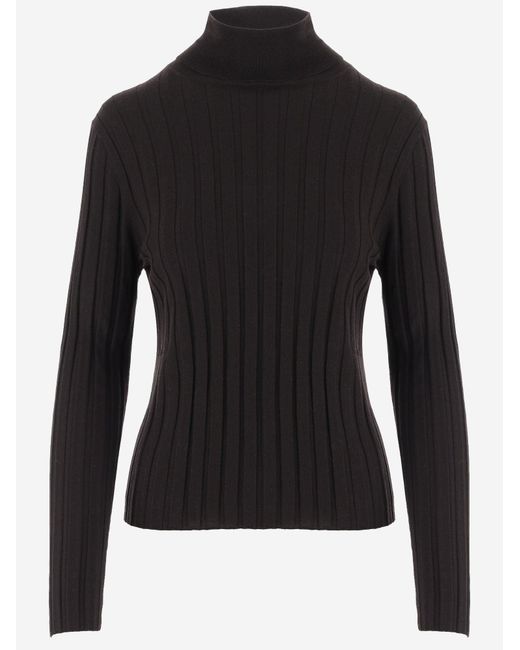 Allude Black Wool High-Neck Ribbed Sweater