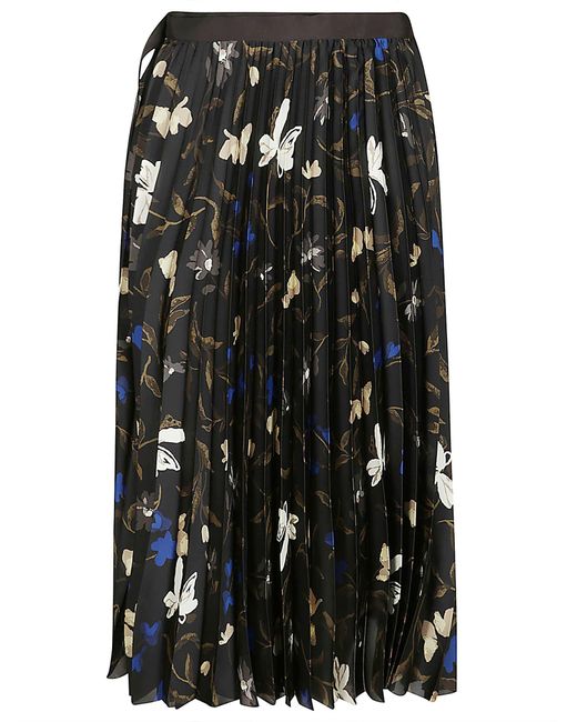 Sacai Black Floral Print Pleated Flare Skirt