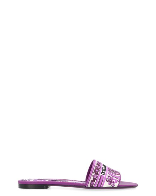 Dolce & Gabbana Purple Round-Toe Leather And Fabric Slides Cotton; Lamb; Goatskin; Lamb Sandal