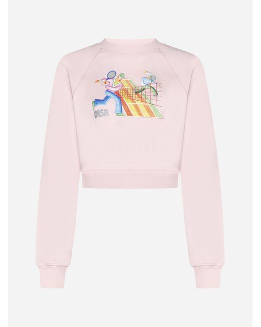 Casablancabrand Pink Crayon Tennis Players Cotton Cropped Sweatshirt