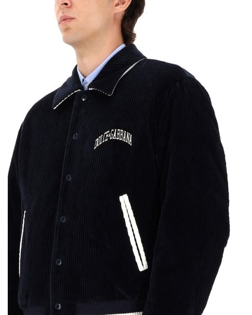 Dolce & Gabbana Blue Corduroy Jacket With Embroidered Logo for men