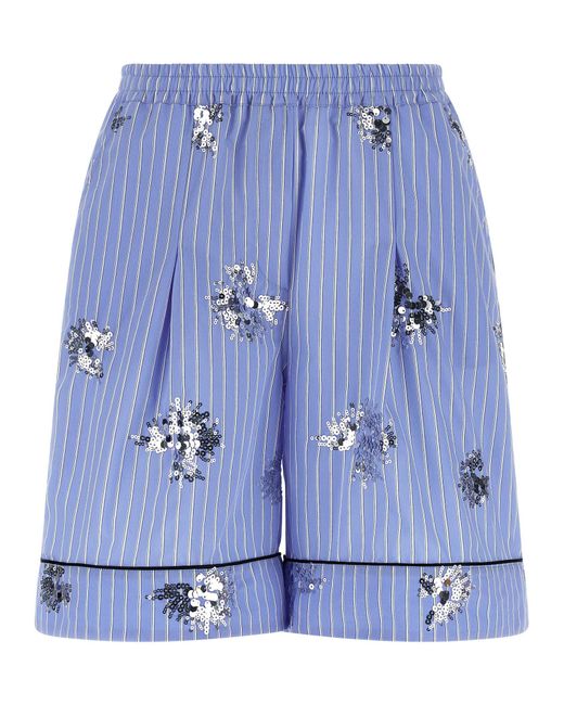 Le twins Blue Sequin-Embellished Striped Cotton Shorts