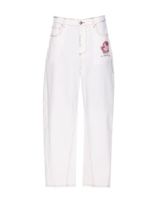 Marni White Denim Pants With Flower Patch