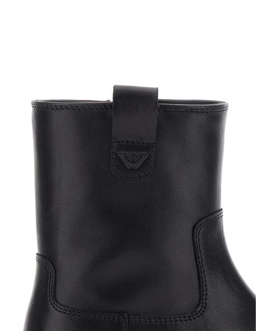 Emporio Armani Black Leather Boots With Logo Patch Calf for men