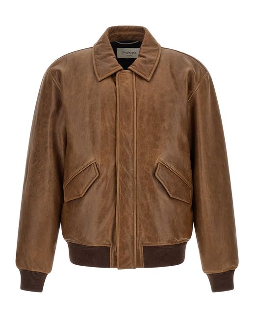 Saint Laurent Brown Vintage Leather Bomber Jacket for men