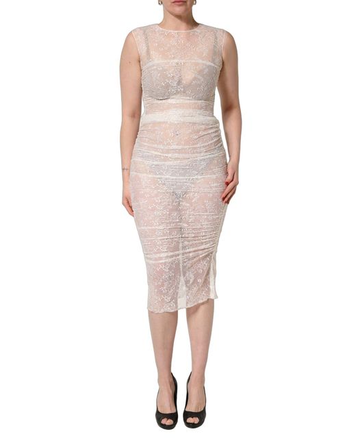 Dolce & Gabbana Pink Floral Lace Sheer Sleeveless Midi Dress