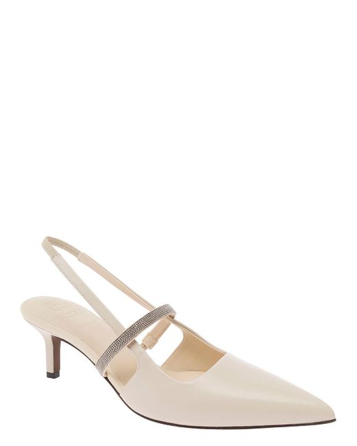 Brunello Cucinelli Natural Ivory Slingback Pumps With Monile Strap