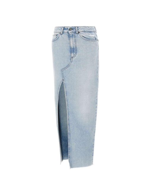Dondup Blue Distressed Asymmetric Hem Midi Denim Skirt