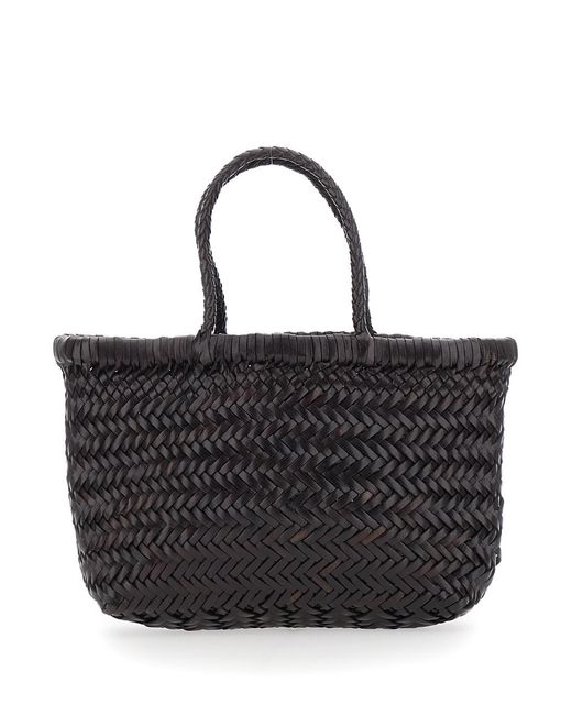Dragon Diffusion Black Handbag Flat Gora Mini With Two Top Handles And Ecoleather Woven Design Calf Hand Bags