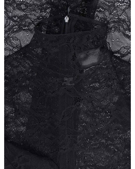 Courreges Gray Intricately Designed Sheer Lace Top With High Neckline