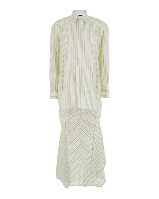 Phoebe Philo White Dress With Classic Collar And All-Over Striped Motif