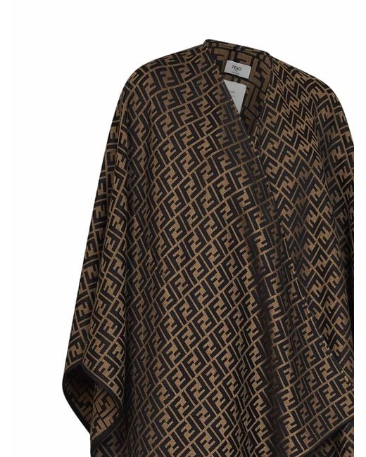 Fendi Gray Poncho Ff Jacquard Wool And Silk Capes