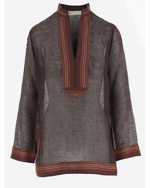 Tory Burch Brown Striped Linen Tunic Knitwear