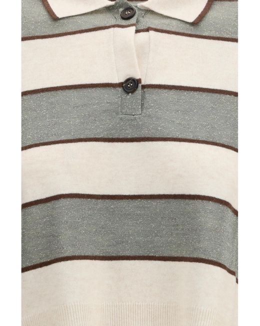 Brunello Cucinelli White Polo Crop Sparkling Stripes Knit Knitwear