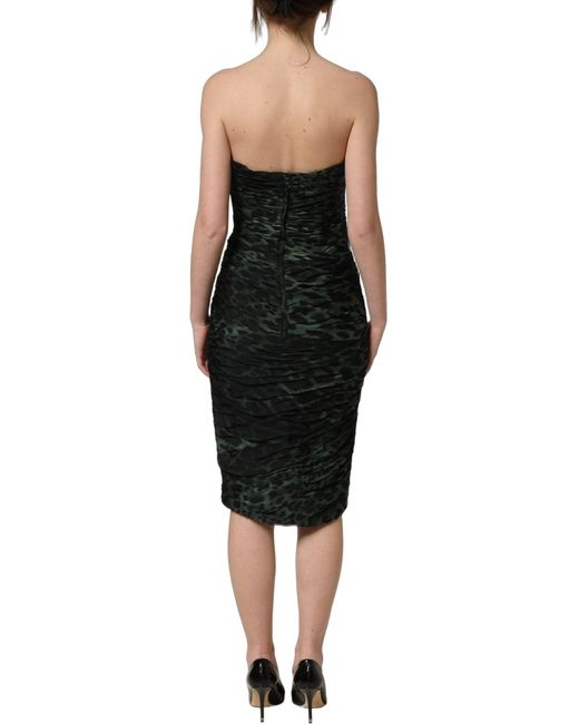 Dolce & Gabbana Black Green Leopard Print Bustier Draped Midi Dress