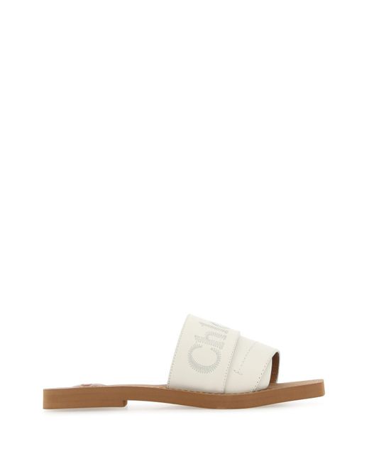 Chloé White Woody Logo-print Leather Sandals