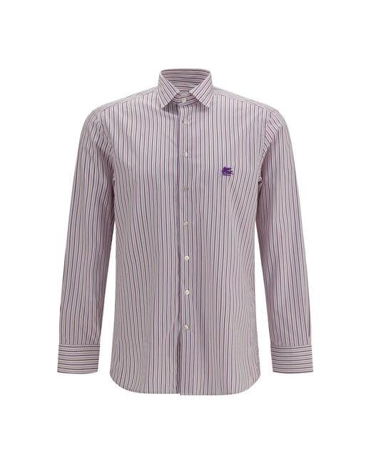 Etro Purple Roma Striped Cotton Shirt With Pegaso Logo for men