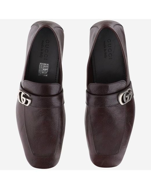 Gucci Brown Leather Loafers With Logo Calf for men