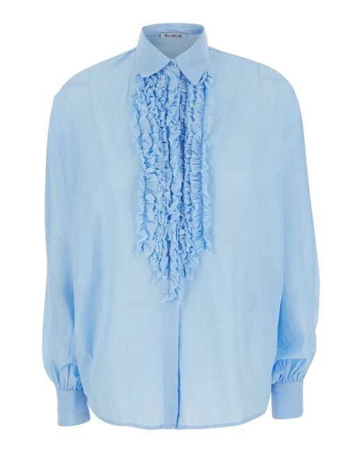 SOSUE Blue Blouse With Ruffles And V-Neck Viscose For Light Shirts Blouses