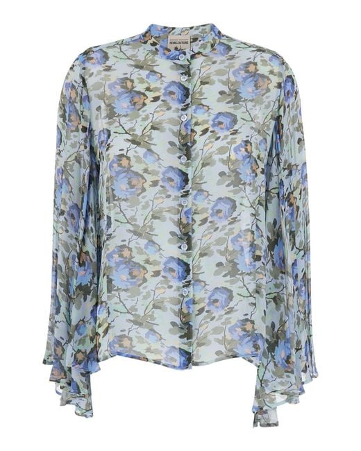 Semicouture Blue Round Neck Blouse With Ruffles And All-Over Floral Print
