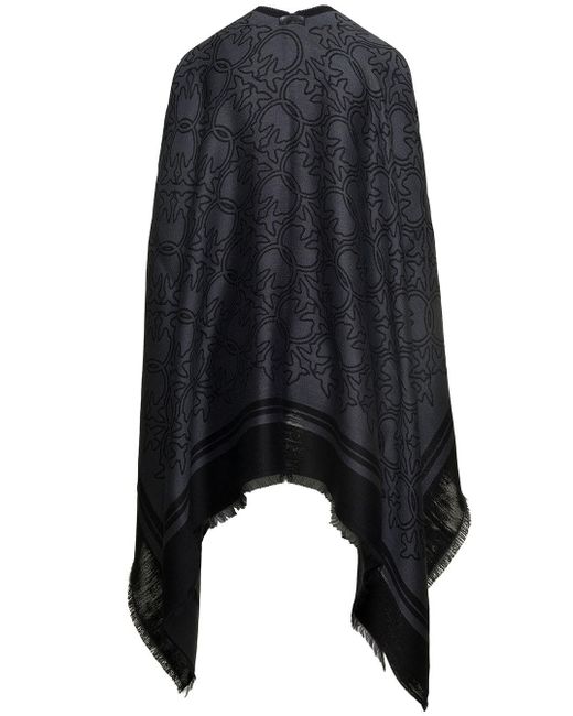 Pinko Black Two-tone Shawl With All-over Print And Striped Hem In Wool Blend