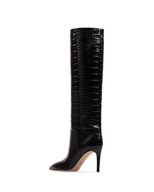 Paris Texas Black Charcoal Leather Stiletto Boots With Crocodile Print