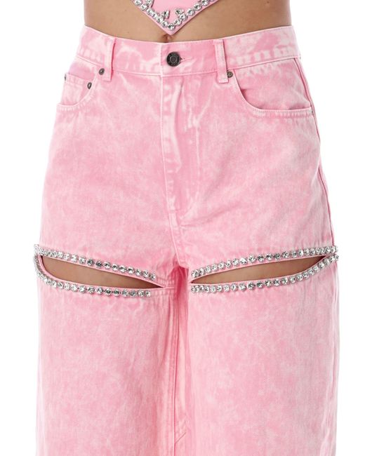 Area Pink Wide Leg Crystal Slit Jeans