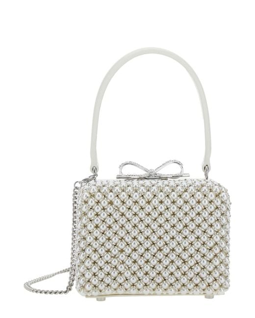 Self-Portrait White Handbag With Faux-Pearl Embellishments On The Front And Bow Detail