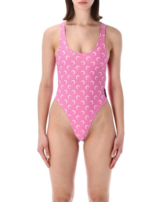 MARINE SERRE Pink Moon Print One Piece Swimsuit Polyamide Swimwear