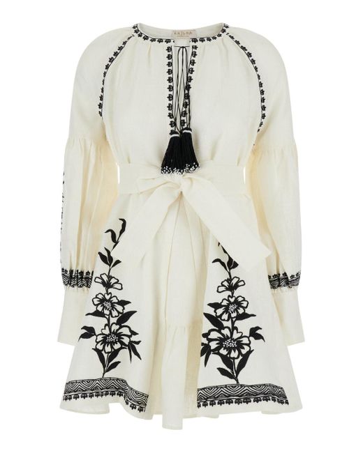 Anjuna White Mini Dress With Floreal Embroidery And Tassels