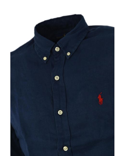 Polo Ralph Lauren Blue Linen Shirt With Pony Logo for men