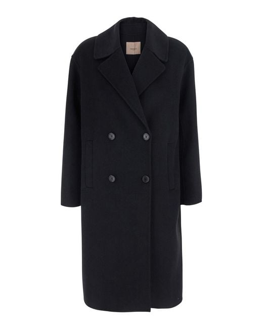 Twinset Black Coat With Notched Collar Polyester
