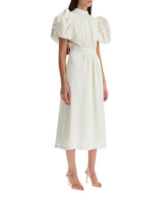 ROTATE BIRGER CHRISTENSEN White Midi Satin Dress With Puff Sleeves