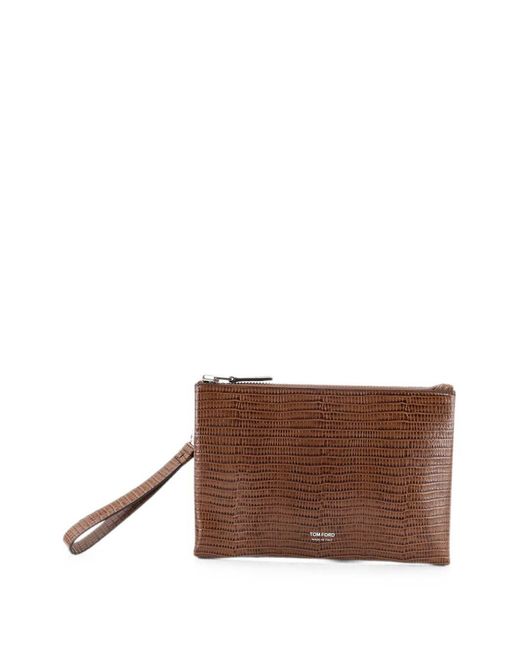 Tom Ford Brown Caramel-Colored Lizard-Printed Calf Leather Minimal Clutch With Wrist Strap for men