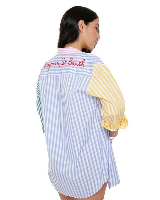 Mc2 Saint Barth Blue Striped Shirt With Bonjour St. Barth Embroidery