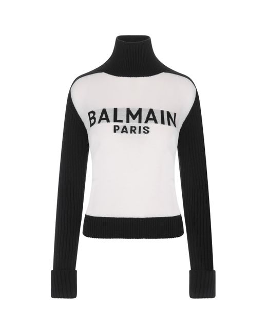 Balmain Black And White Wool Turtleneck With Logo | Lyst