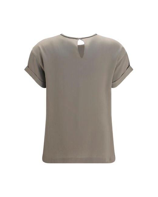 Brunello Cucinelli Gray Silk Blouse With Monili Chain Elastane; T-Shirts
