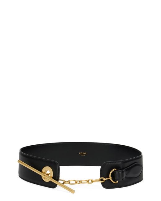 Céline Black Leather Belt With Golden Buckle Calf