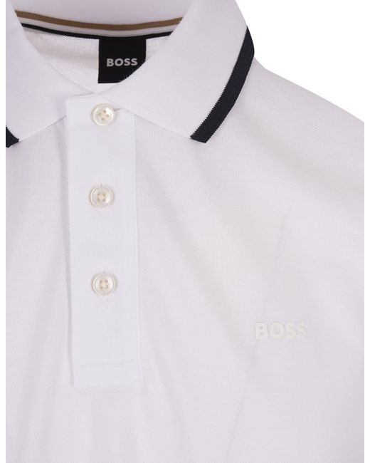 Boss White Slim Fit Polo Shirt With Striped Collar for men