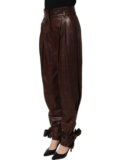 Dolce & Gabbana Brown Leather High Waist Tapered Leg Pants Lamb