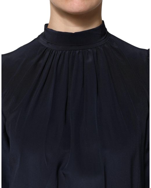Dolce & Gabbana Blue Silk Mock Neck Long Sleeves Blouse Top