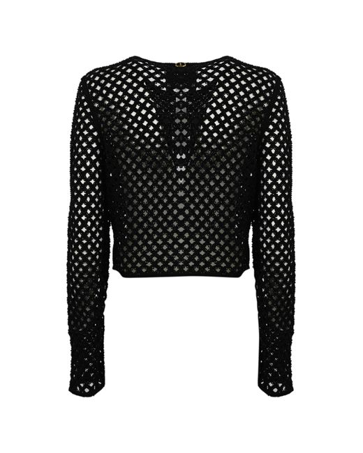 Twin Set Mesh Cardigan With Beads And Rhinestones in Black | Lyst UK
