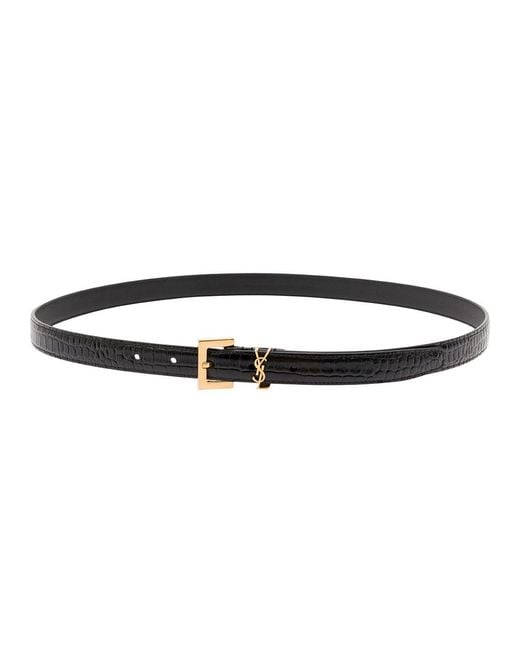 Saint Laurent White Leather Belt Cassandre Crocodile-Embossed